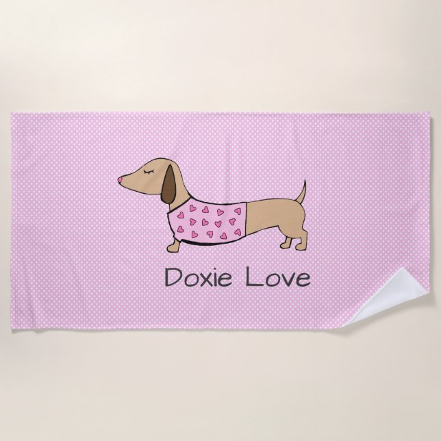 Doxie Love Pink Polka Dot Poolside Gift Beach Towel (Front)