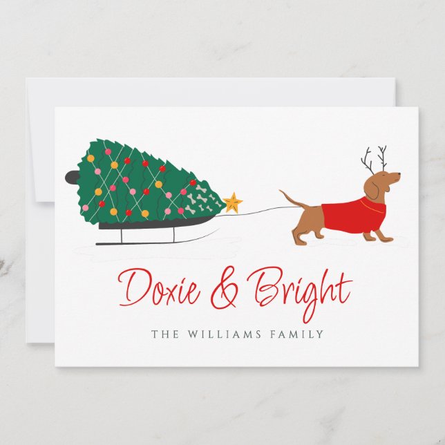 Doxie Merry & Bright Dachshund Christmas Holiday Card (Front)