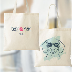 Doxie Mum Tote Bag Custom Name Ice Blue Dachshund