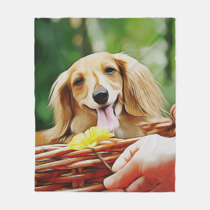 Doxie Person Hand Showing A Flower To A Dachshund Fleece Blanket