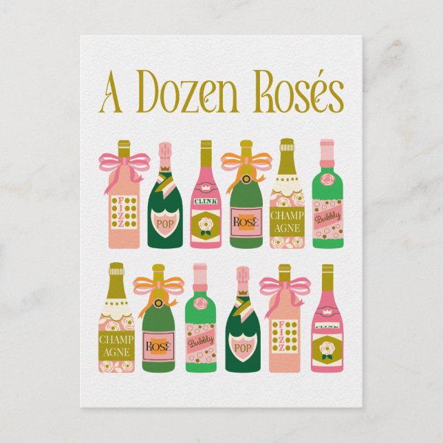Dozen Rosés Pink Champagne Bottles Pop Fizz Clink Postcard (Front)