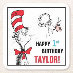 Dr. Seuss   Cat in the Hat Birthday Square Paper Coaster