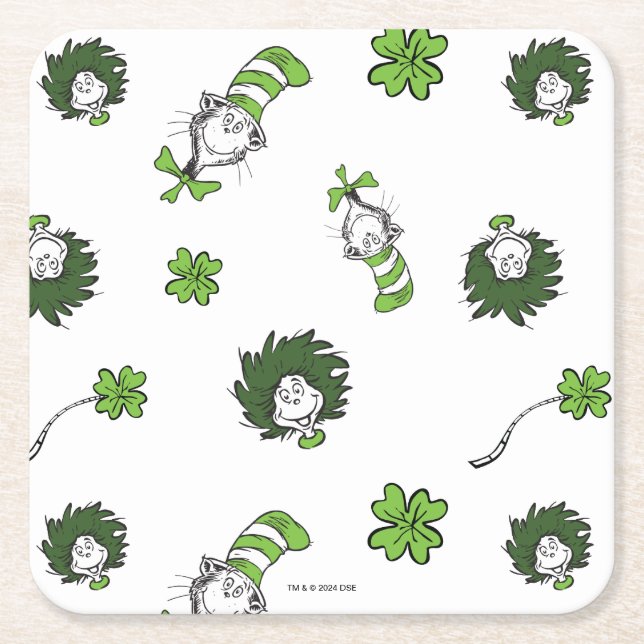Dr. Seuss | Cat in the Hat Clover Pattern Square Paper Coaster (Front)