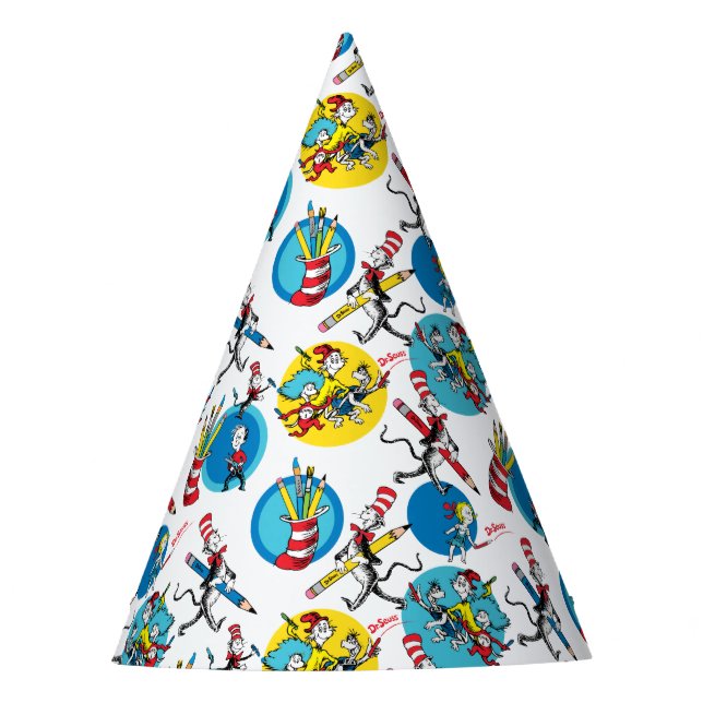 Dr. Seuss | Characters With Pencils Pattern Party Hat (Front)
