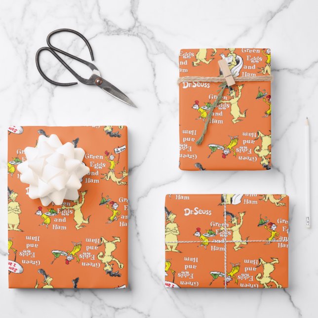 Dr. Seuss Green Eggs and Ham Character Pattern Wrapping Paper Sheet (Front)