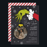 Dr. Seuss | Grinch Chalkboard Baby Shower Invitation<br><div class="desc">Celebrate the upcoming arrival of your little one with our delightful Grinch-themed baby shower invitations! These charming invitations feature a whimsical chalkboard background adorned with delicate snowflakes, perfectly capturing the festive spirit. The mischievous Grinch hand, holding an ornament, adds a playful touch, making these invitations truly unique. Customise the ornament...</div>