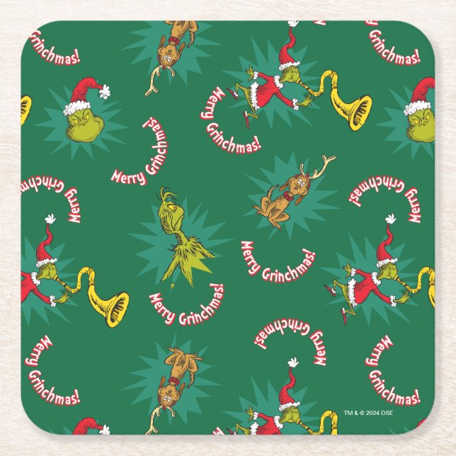 Dr. Seuss | Grinch | Merry Grinchmas Pattern Square Paper Coaster (Front)
