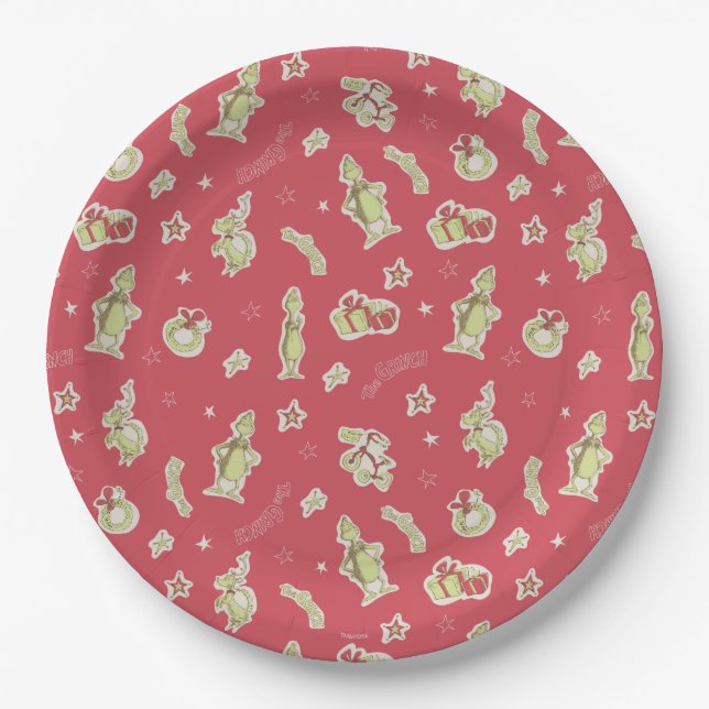 Dr. Seuss | Grinch | Red Christmas Pattern Paper Plate (Front)