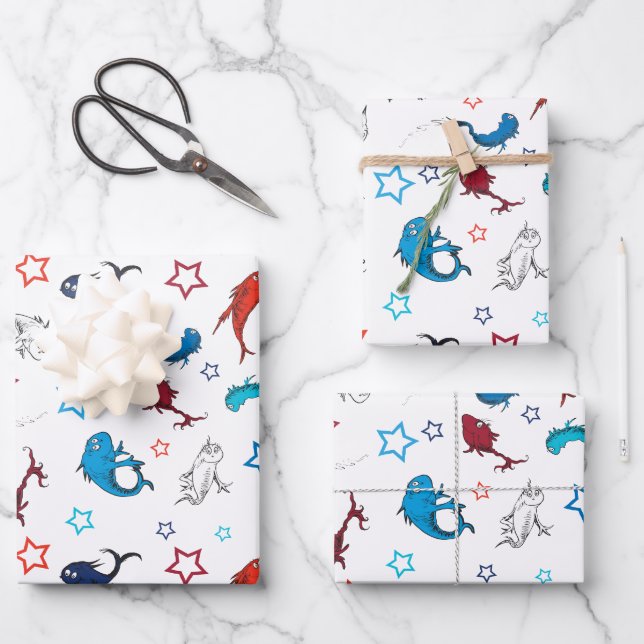 Dr. Seuss | One Fish Two Fish Star Pattern Wrapping Paper Sheet (Front)