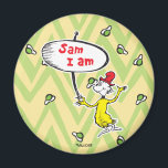 Dr. Seuss | Sam-I-Am Holding Sign Magnet<br><div class="desc">Don't knock it until you try it, you might just like it! GREEN EGGS AND HAM is a classic Dr. Seuss story where Sam-I-Am tries to get his friend to try some green eggs and ham, and he does indeed end up loving them. Check out Sam-I-Am holding up a sign...</div>