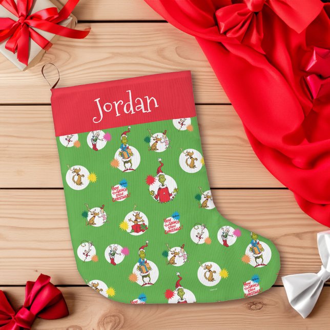 Dr Seuss | The Grinch | Christmas Polka Dots Large Christmas Stocking (Stocking on table)