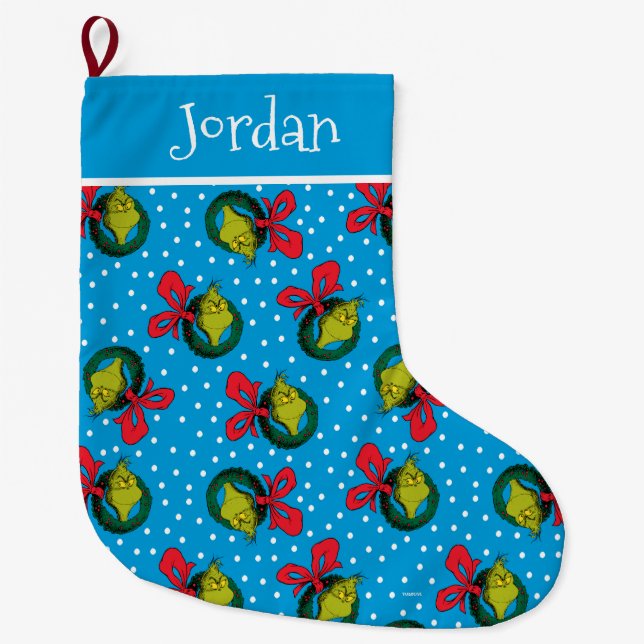 Dr. Seuss | The Grinch | Christmas Wreath Pattern Large Christmas Stocking (Front)
