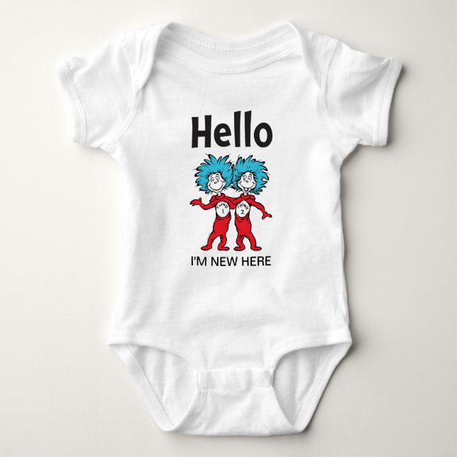 Dr. Seuss Thing One Thing Two | Hello I'm New Here Baby Bodysuit (Front)