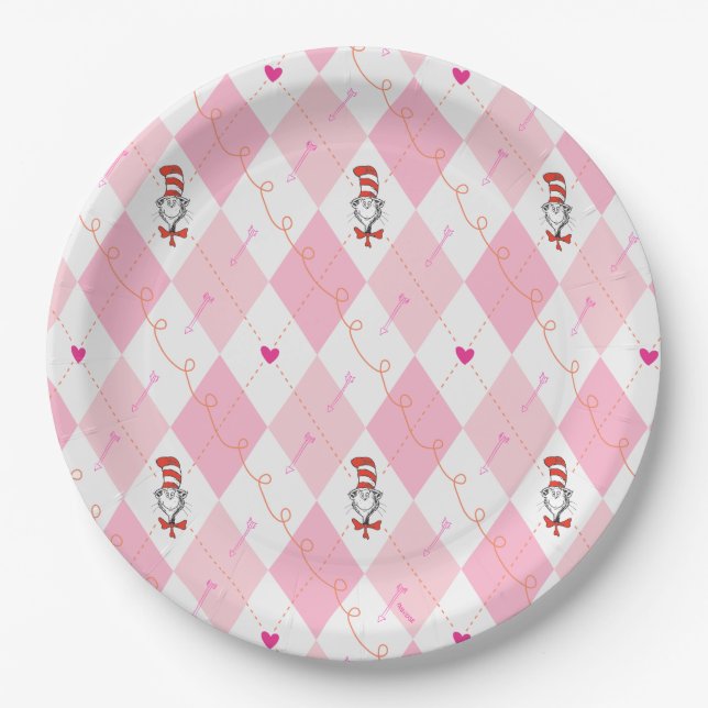 Dr. Seuss Valentine | Pink Argyle The Cat in the H Paper Plate (Front)