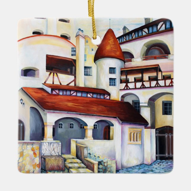 Dracula Castle Interior Courtyard Watercolor Ceramic Ornament (Front)