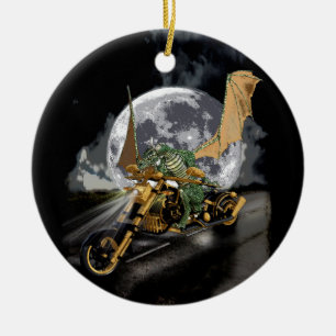 Drag-racing Dragon and Moon Fantasy Artwork Ceramic Tree Decoration