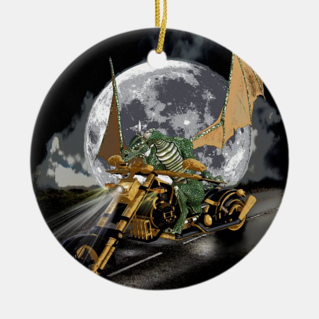 Drag-racing Dragon and Moon Fantasy Artwork Ceramic Tree Decoration (Front)