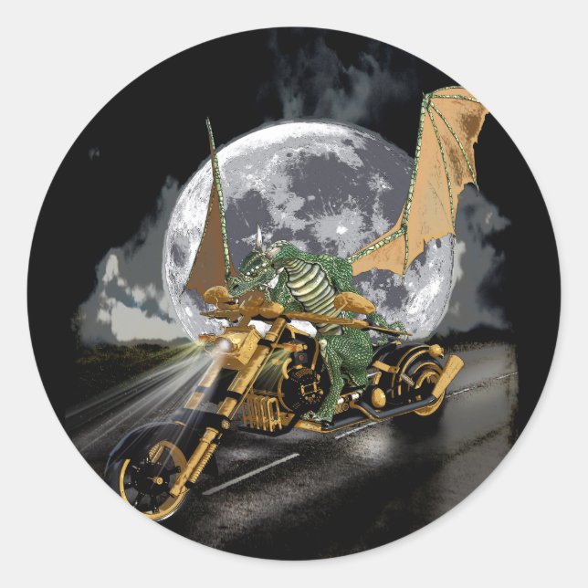 Drag-racing Dragon and Moon Fantasy Artwork Classic Round Sticker (Front)