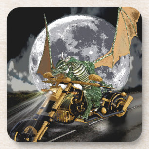 Drag-racing Dragon and Moon Fantasy Artwork Coaster