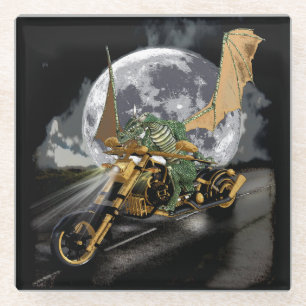 Drag-racing Dragon and Moon Fantasy Artwork Glass Coaster