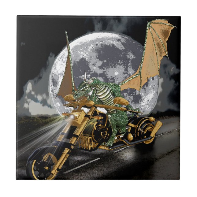 Drag-racing Dragon and Moon Fantasy Artwork Tile (Front)