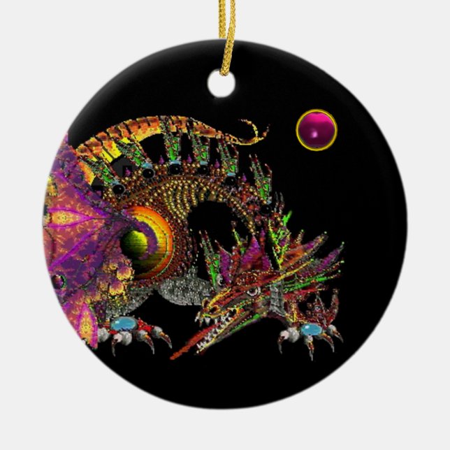 DRAGO Fantasy Gold Dragon, Pink Amethyst Monogram Ceramic Tree Decoration (Front)