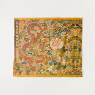DRAGON AMONG PEONIES,FLOWERS,GREEN LEAVES Floral Tapestry