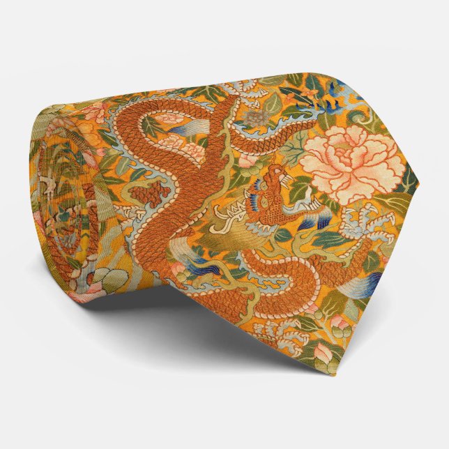 DRAGON AMONG PEONIES,FLOWERS,GREEN LEAVES Floral Tie (Rolled)