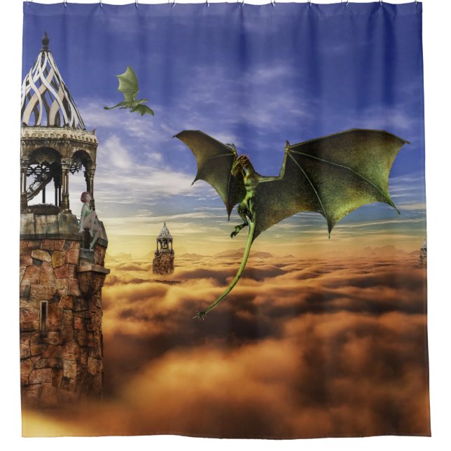 Dragon and Elf Fairy Sky Fantasy Landscape Shower Curtain (Front)