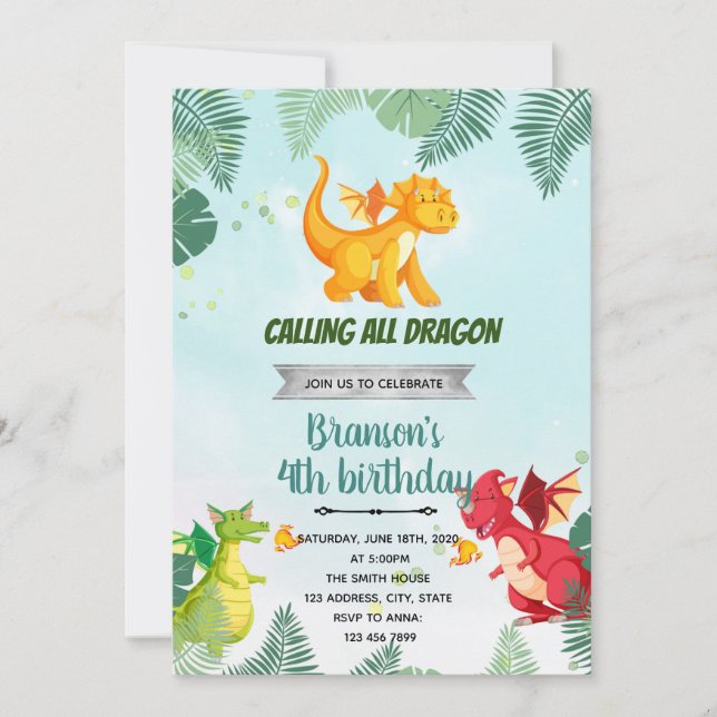 Dragon and knight birthday theme invitation (Front)