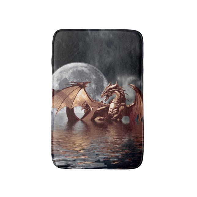 Dragon and Moon Rising Fantasy Art Bath Mats (Front Vertical)