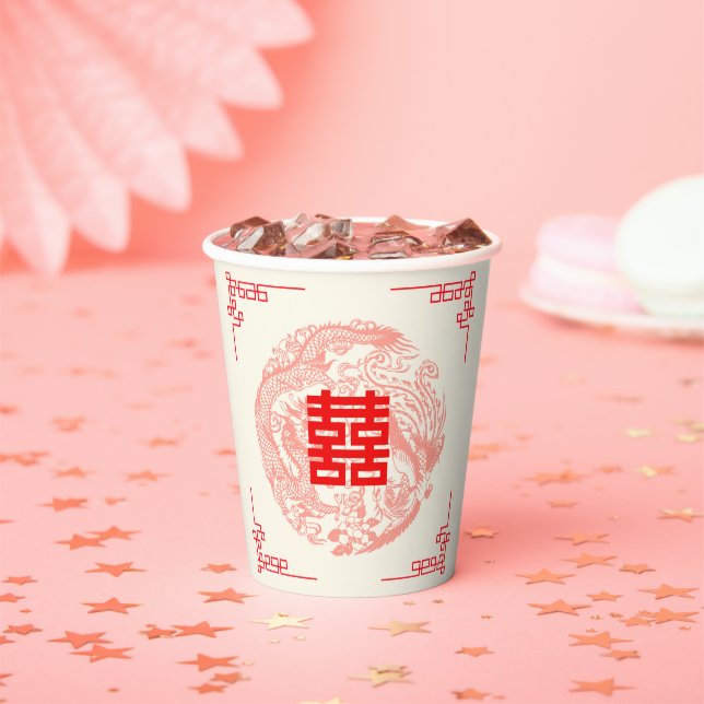 Dragon and Phoenix beige red chinese wedding Paper Cups (Insitu)