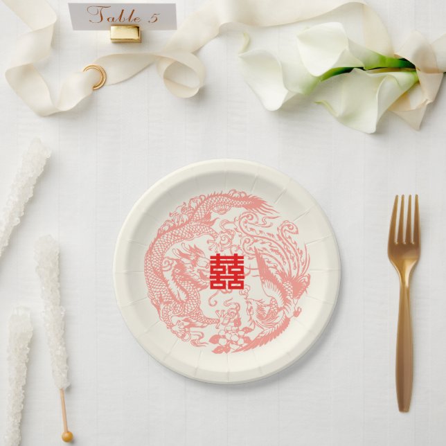 Dragon and Phoenix beige red chinese wedding Paper Plate (Wedding)