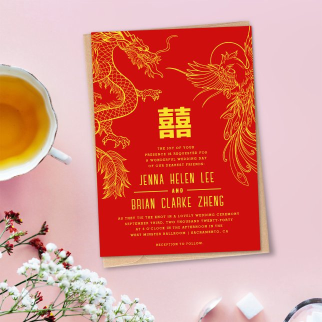 Dragon and Phoenix Double Happiness Gold+Red Invitation (Creator Uploaded)