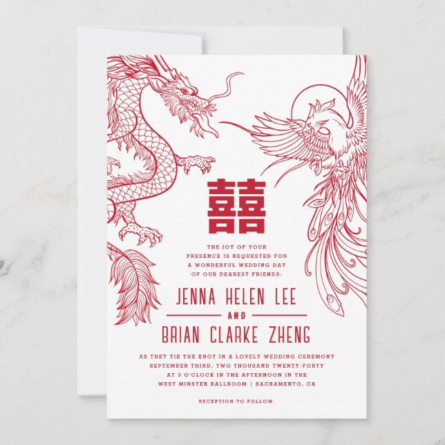 Dragon and Phoenix Double Happiness Wedding WStyle Invitation (Front)