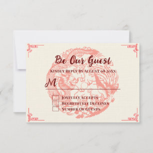 Dragon and phoenix red beige chinese wedding RSVP card