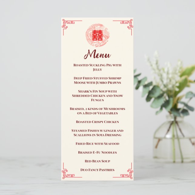 Dragon and Phoenix red chinese wedding banquet Menu (Standing Front)