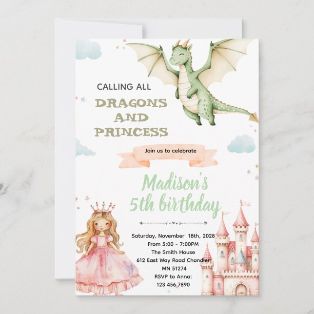 Dragon and princess Birthday Party Invitation (Front)