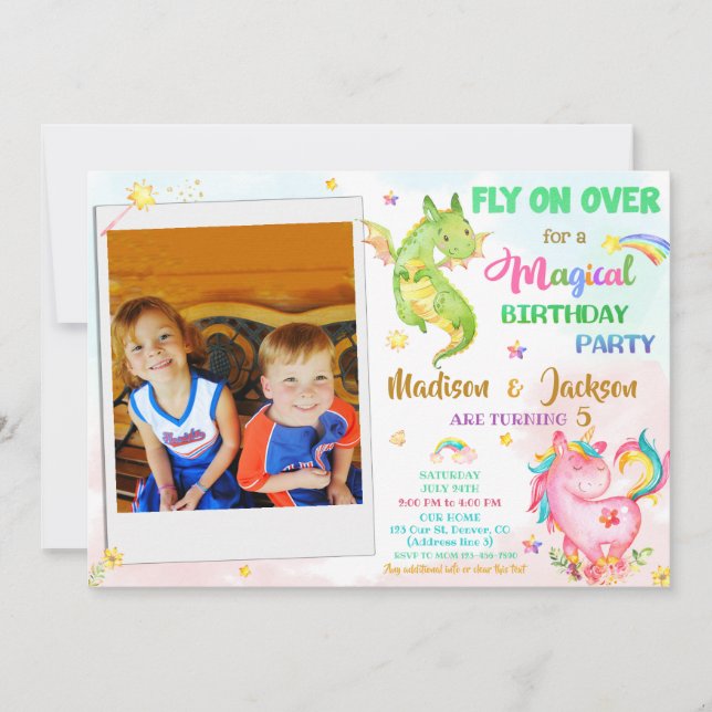 Dragon and unicorn birthday invitation boy & girl (Front)