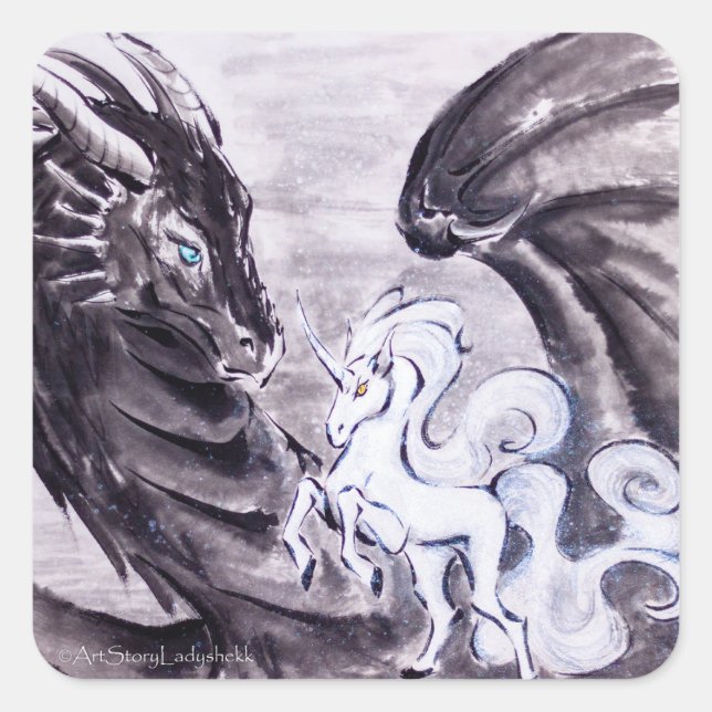 Dragon and Unicorn // Courtship Holiday Card Square Sticker (Front)