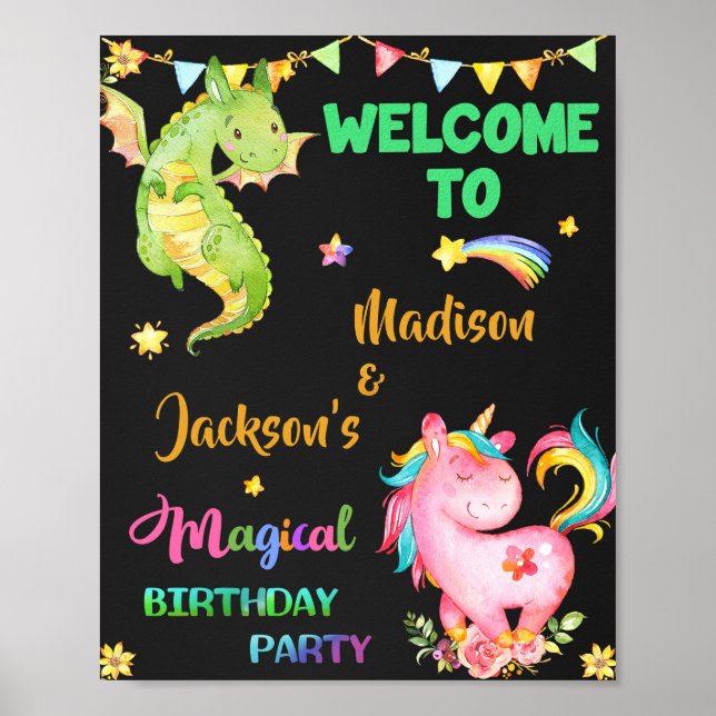 Dragon and Unicorn welcome party sign Magic party (Front)