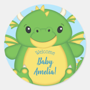 Dragon Baby Shower Blue Classic Round Sticker