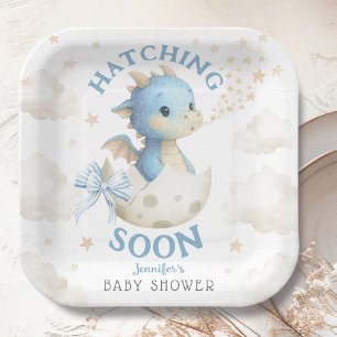 Dragon Baby Shower Boy Blue Hatching Soon Paper Plate