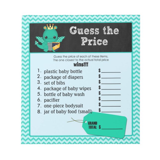 Dragon Baby Shower Guess the Price Right Game 40pg Notepad (Front)