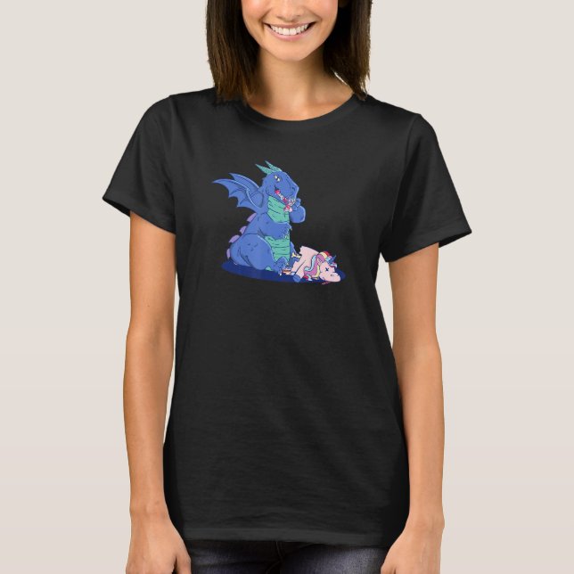 Dragon Beats Unicorn Every Time Funny Gorey Fantas T-Shirt (Front)