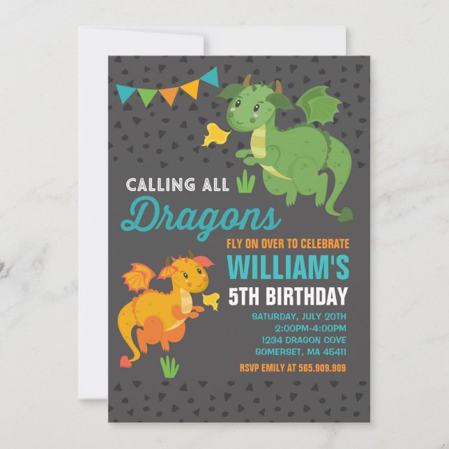 Dragon Birthday Invitation Knights & Dragons Party (Front)