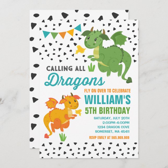 Dragon Birthday Invitation Knights & Dragons Party (Front/Back)