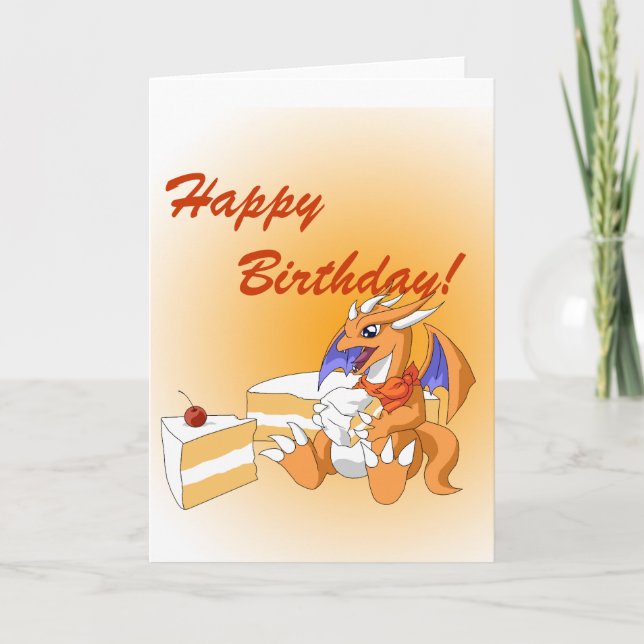 Dragon Birthday with White Cake Greeting Card (Front)