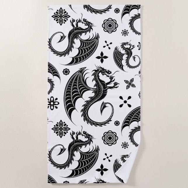 Dragon Black Shape Tattoo Style Beach Towel (Front)
