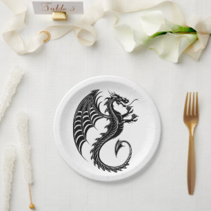Dragon Black Shape Tattoo Style Paper Plate